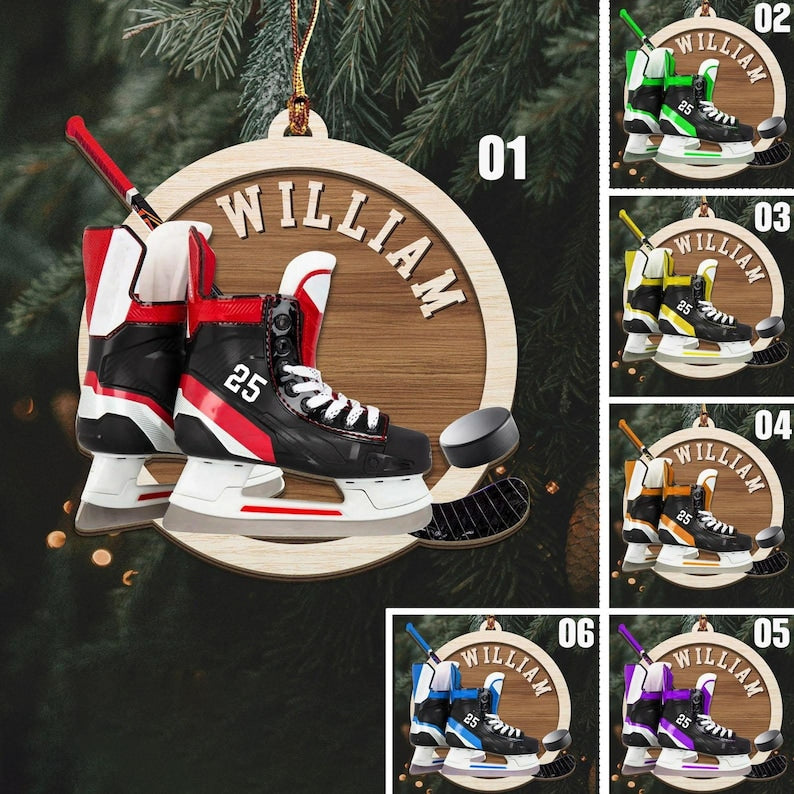 Custom Name Ice Hockey Skates Christmas Ornament, Christmas Tree Hanging Decor, Flat 2D Ornament 2 layers Wooden Gift For Hockey Lovers