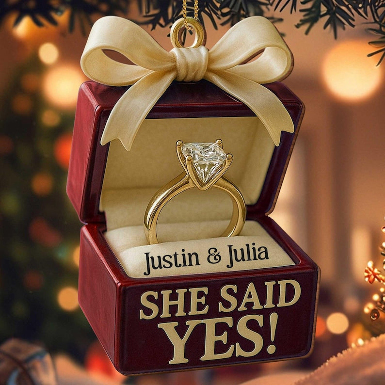Personalized Engagement Ornament, She Said Yes, Custom Names, Our First Christmas Engaged 2025, Gift for Couple, Ring Box Gift