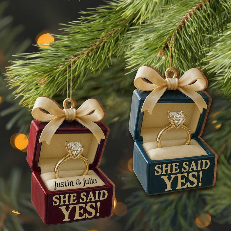 Personalized Engagement Ornament, She Said Yes, Custom Names, Our First Christmas Engaged 2025, Gift for Couple, Ring Box Gift