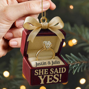 Personalized Engagement Ornament, She Said Yes, Custom Names, Our First Christmas Engaged 2025, Gift for Couple, Ring Box Gift