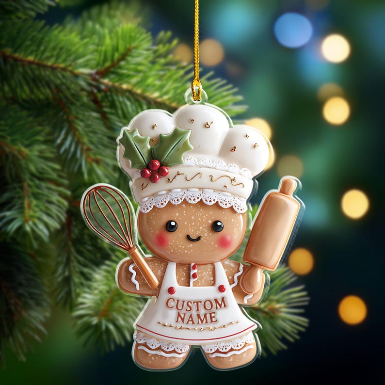 Gingerbread Chef Acrylic Ornament, Baker Christmas Ornament, Personalized Kitchen Decor Gift for Baking Lovers