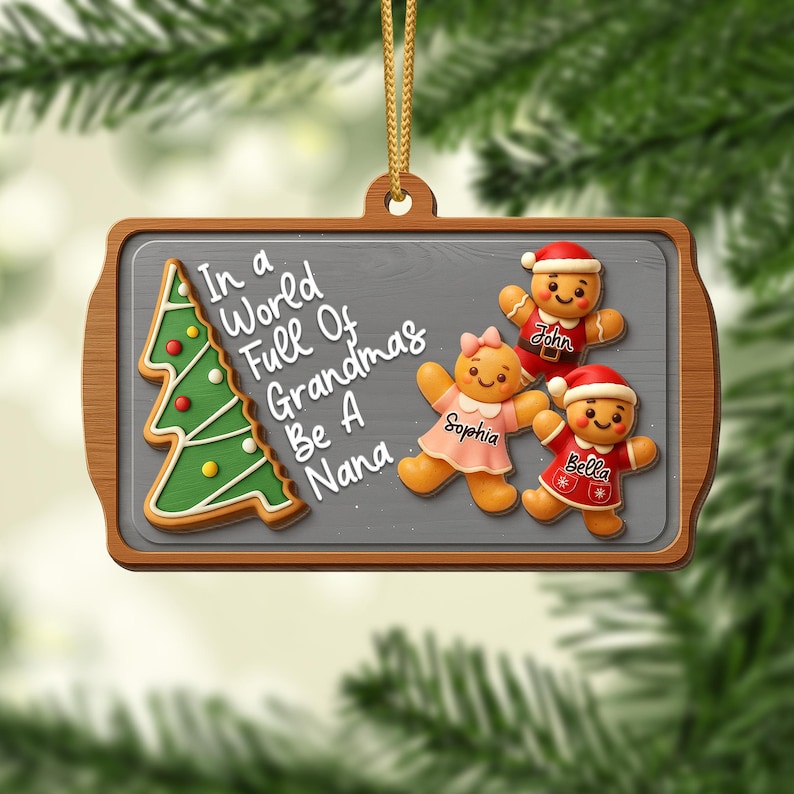 Personalized Nana Ornament 2025, Gingerbread Family Wood Keepsake