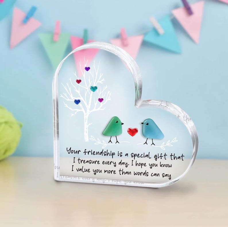 Sea Glass Birds Art Friendship Heart Plaque, Meaningful Gift for Best Friend, Christmas Gift, Besties Keepsake, Thank You Gift For Friend