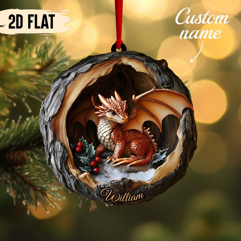 Custom Name Fire Dragon in Snowy Hollow 2D Flat Printed Wooden Ornament Fantasy Dragon Christmas Tree Decor, Not 3D,Dragon Lover Gift 2025