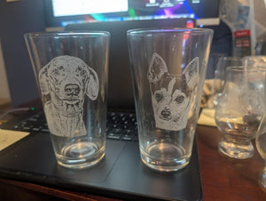 Engraved Pet Portrait Pint Glass - Personalized Dog Cat Lover Gift - Custom Beer Glass
