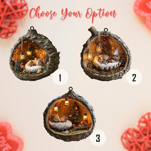 Wood Slice Acrylic Ornament With Cozy Mice, Woodland Christmas Tree Decoration, Rustic Winter Gift