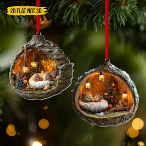 Wood Slice Acrylic Ornament With Cozy Mice, Woodland Christmas Tree Decoration, Rustic Winter Gift