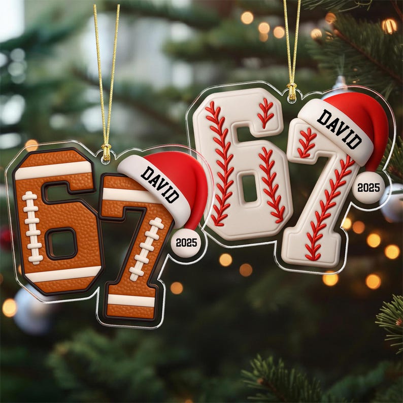 Custom Name 67 Sport Ornament, Acrylic Soccer Baseball Volleyball Basketball Ornament, Six Seven Gen Alpha Humor, Funny Slang 67 Meme Gift