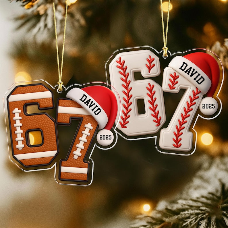 Custom Name 67 Sport Ornament, Acrylic Soccer Baseball Volleyball Basketball Ornament, Six Seven Gen Alpha Humor, Funny Slang 67 Meme Gift