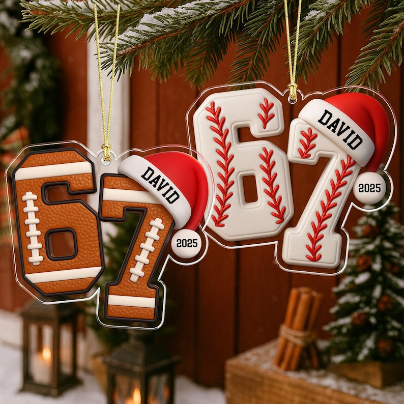 Custom Name 67 Sport Ornament, Acrylic Soccer Baseball Volleyball Basketball Ornament, Six Seven Gen Alpha Humor, Funny Slang 67 Meme Gift