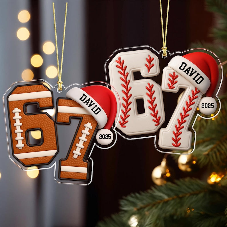 Custom Name 67 Sport Ornament, Acrylic Soccer Baseball Volleyball Basketball Ornament, Six Seven Gen Alpha Humor, Funny Slang 67 Meme Gift