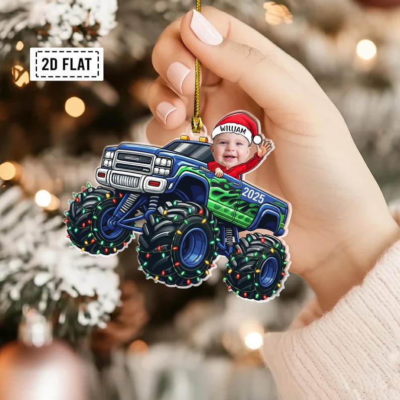 Personalized Baby Monster Truck Photo 2D Flat Acrylic Ornament, Custom Baby Face Ornament, Funny Baby Truck Gift, Kids Xmas Gift