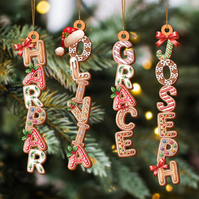 Custom Gingerbread Alphabet Ornament, Kids Name Ornament, Acrylic Stocking Tags, Kids Christmas Gifts, Holiday Ornament, Xmas Tree Decor