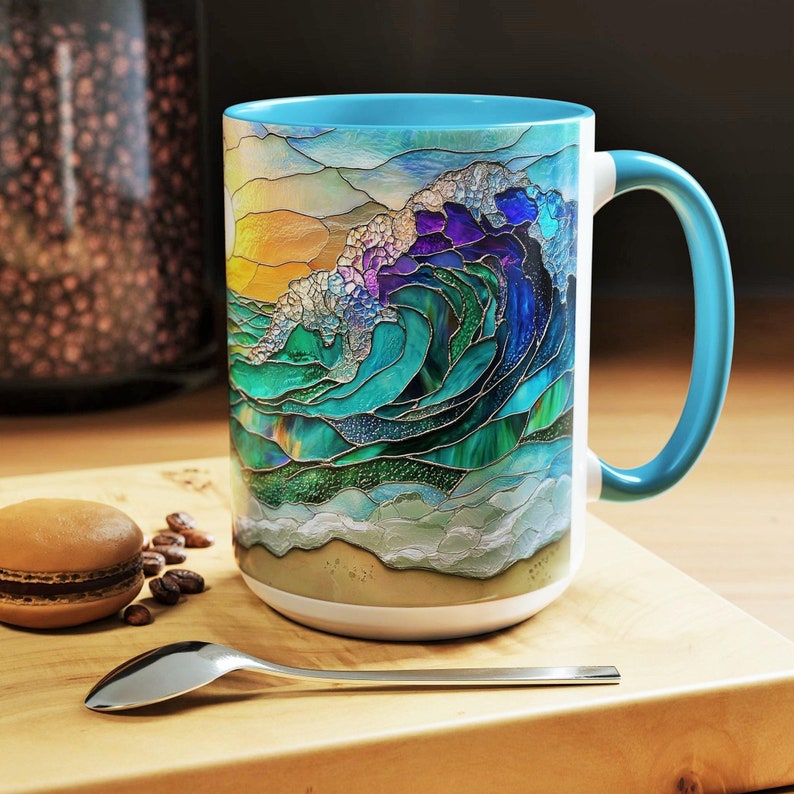 Ocean Wave Ceramic Mug Stained Glass Coastal Sunrise Art Beach Kitchen Coffee Drinkware