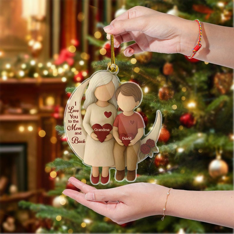 Personalized Grandma Grandchild Ornament, Custom I Love You to the Moon and Back Ornament, Family Christmas Gift, Grandparent Keepsake