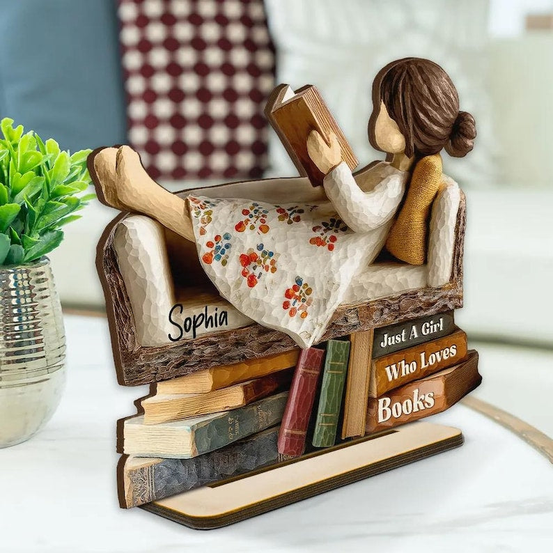 Woman Book Lover Reading Book On Sofa 3D Effect - Personalized Wooden Plaque - Christmas Gift For Book Lover, Bookworm