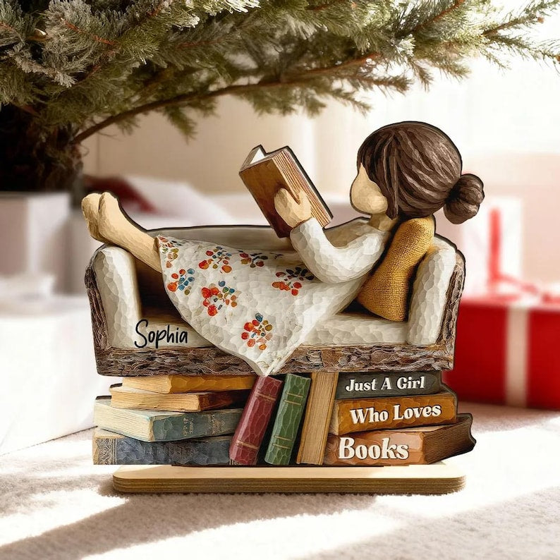 Woman Book Lover Reading Book On Sofa 3D Effect - Personalized Wooden Plaque - Christmas Gift For Book Lover, Bookworm