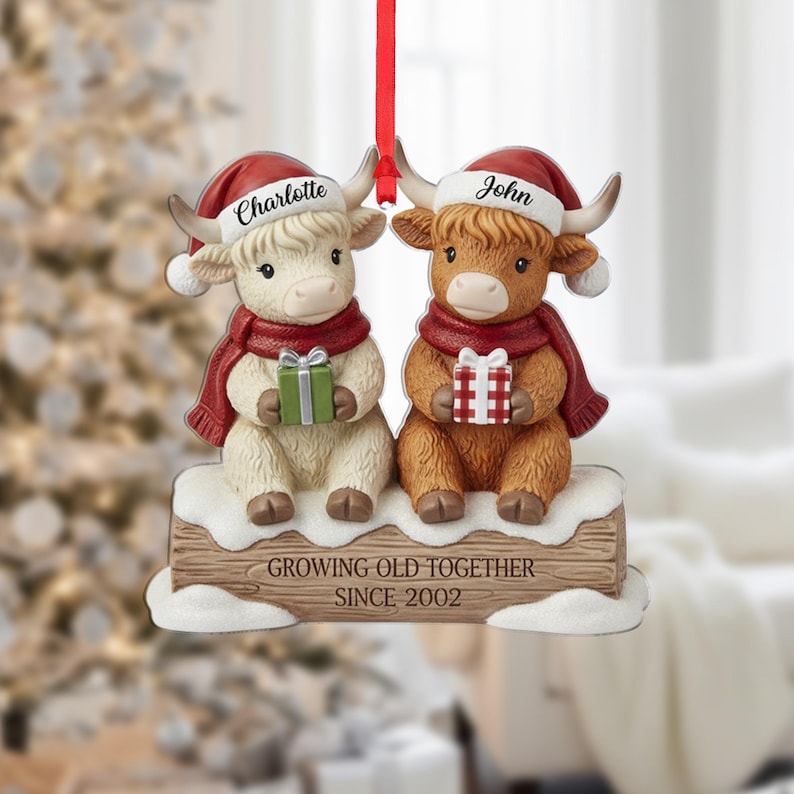 Personalized Highland Cow Ornament - Couple Anniversary Christmas Gift
