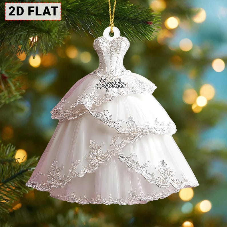 Wedding Dress 2D Flat Ornament, Personalized Bride Keepsake, Elegant Lace Gown Christmas Ornament Gift for Her, Bride Wedding Dress Xmas