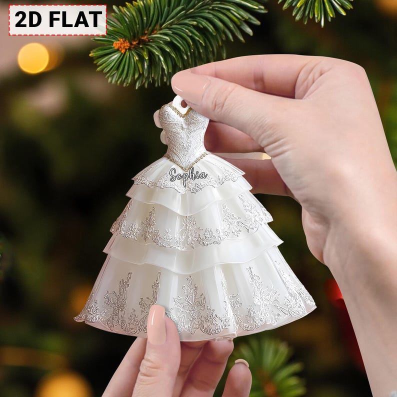 Wedding Dress 2D Flat Ornament, Personalized Bride Keepsake, Elegant Lace Gown Christmas Ornament Gift for Her, Bride Wedding Dress Xmas
