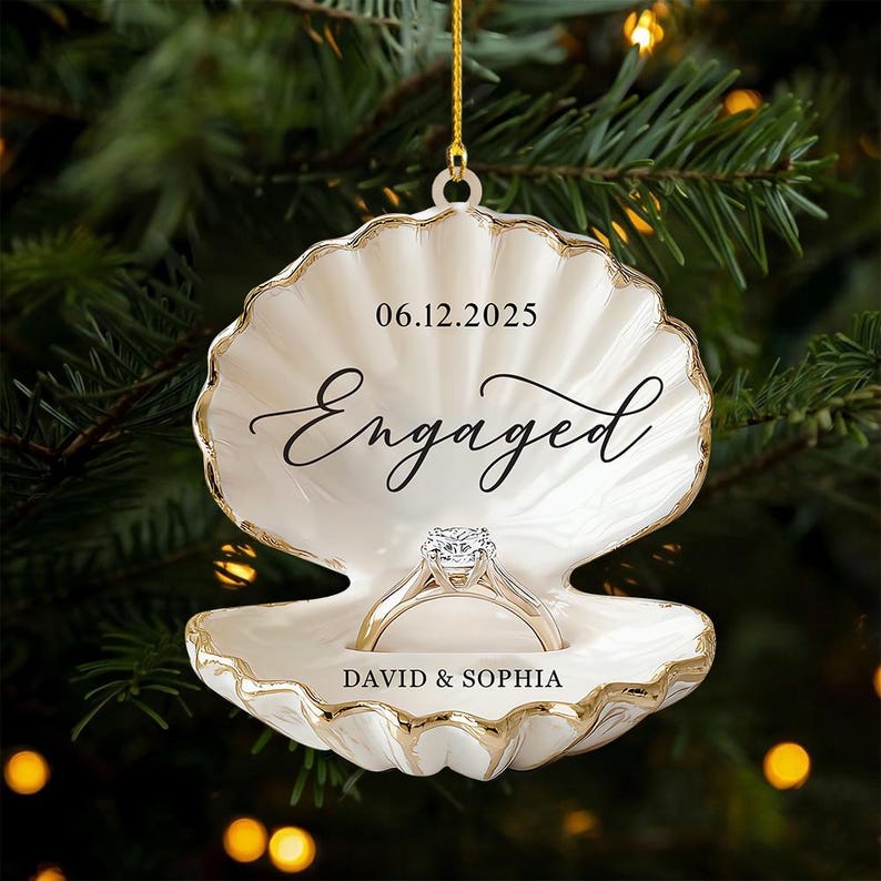 Personalized Beach Engagement Ornament, 2D Flat Shell Ring Box, Wedding 2025 Keepsake, Couple Gift Xmas, Engagement First Xmas Decor
