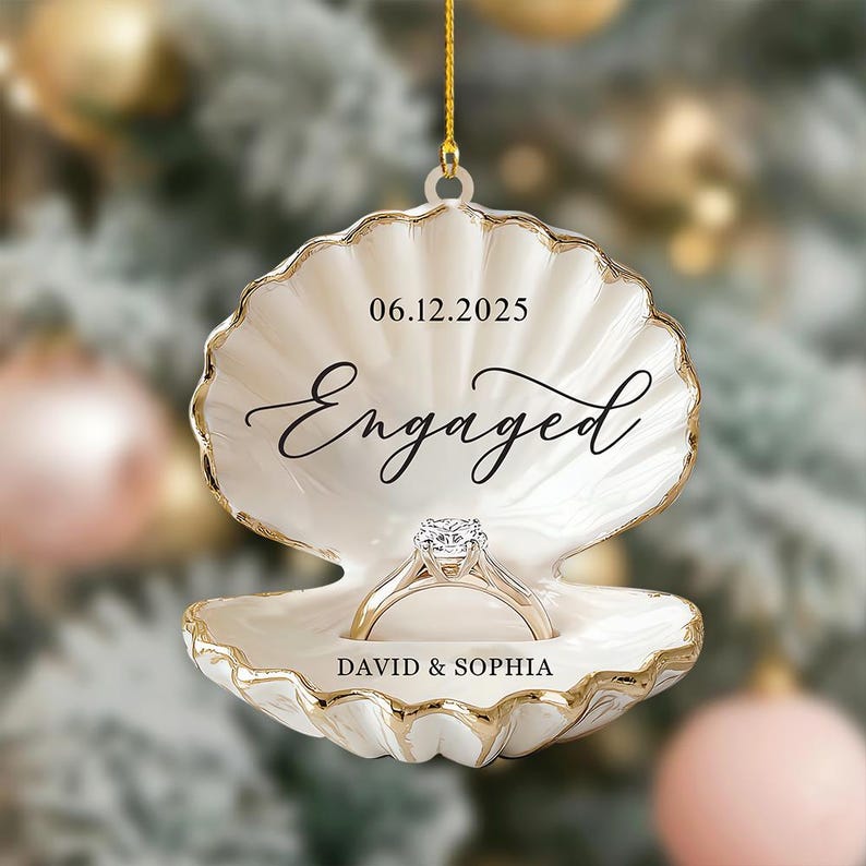 Personalized Beach Engagement Ornament, 2D Flat Shell Ring Box, Wedding 2025 Keepsake, Couple Gift Xmas, Engagement First Xmas Decor