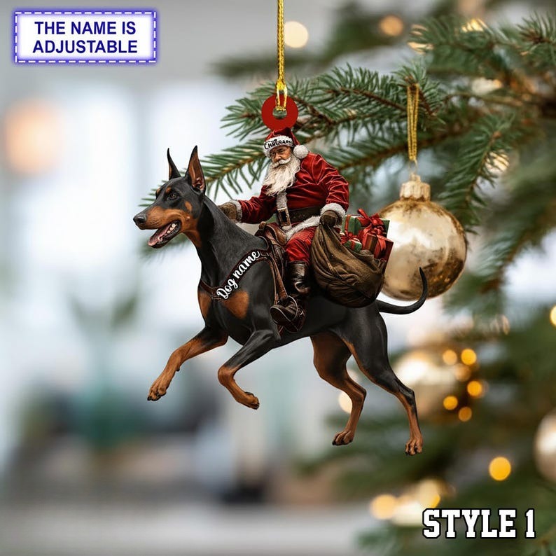 Santa Riding Doberman Christmas Ornament, Funny Dog Lover Tree Hanging Decoration, Holiday Pet Gift, Custom Name Doberman Ornament