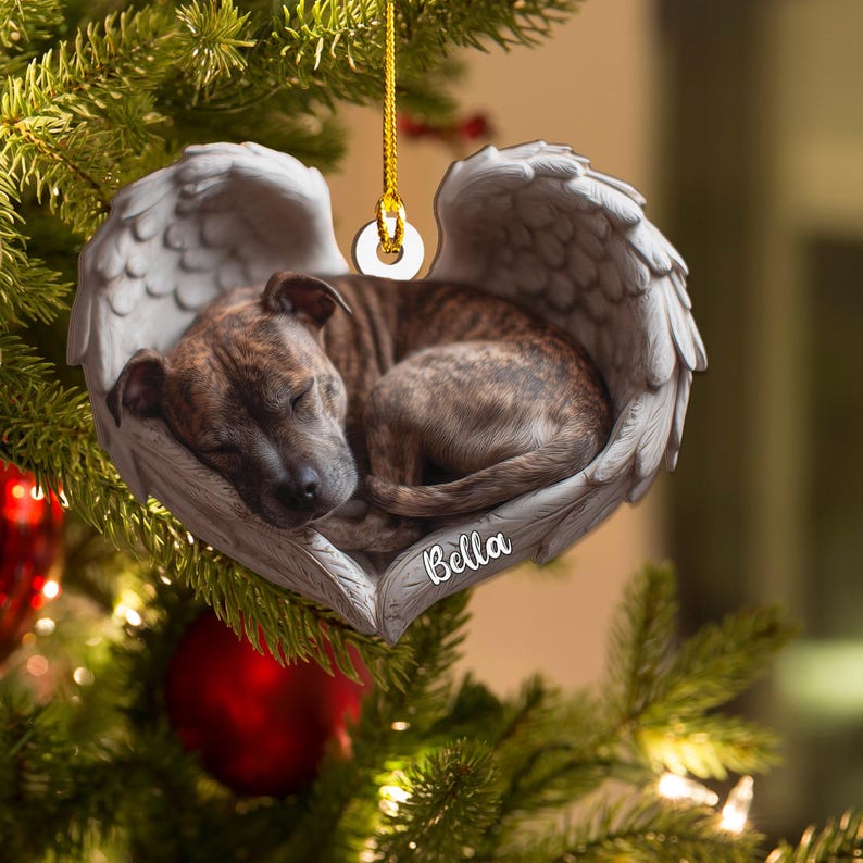Personalized Brindle Staffy Dog Angel Ash Plywood Ornament Flat 2D Cutout Holiday Tree Decor Gift for Dog Lovers, Pet Memorial Keepsake