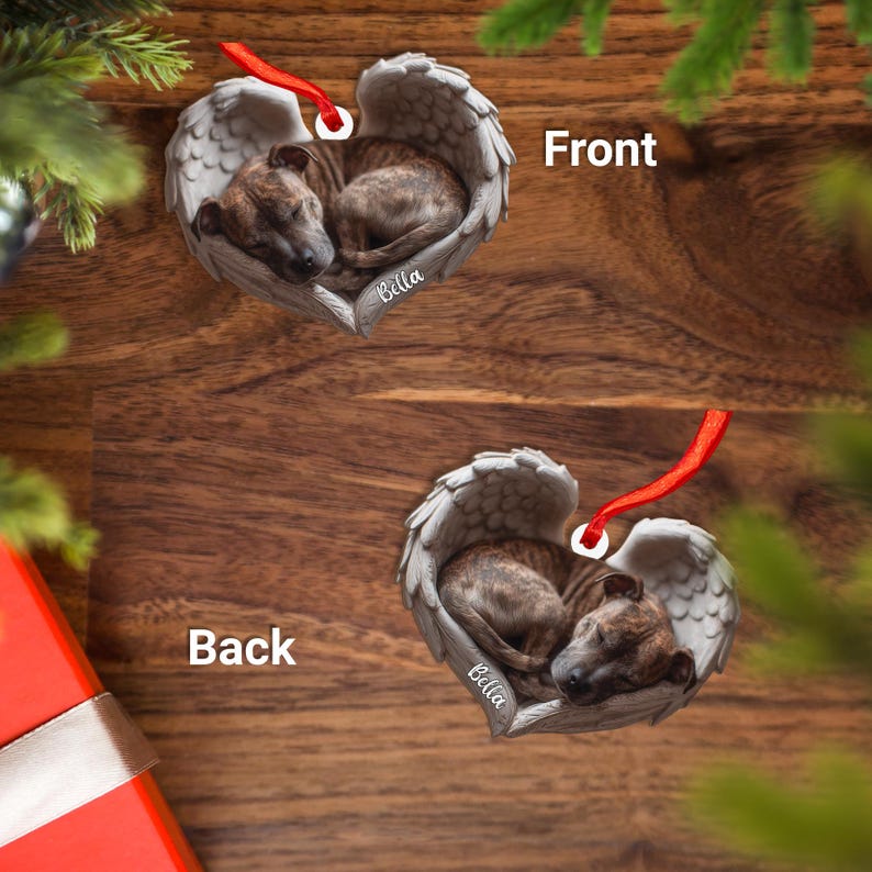 Personalized Brindle Staffy Dog Angel Ash Plywood Ornament Flat 2D Cutout Holiday Tree Decor Gift for Dog Lovers, Pet Memorial Keepsake