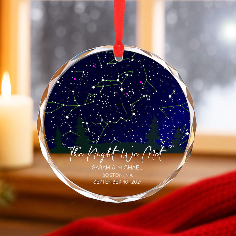 The Night We Met Personalized Star Map Glass Ornament, Custom Night Sky Gift for Couples, Wedding Anniversary Keepsake