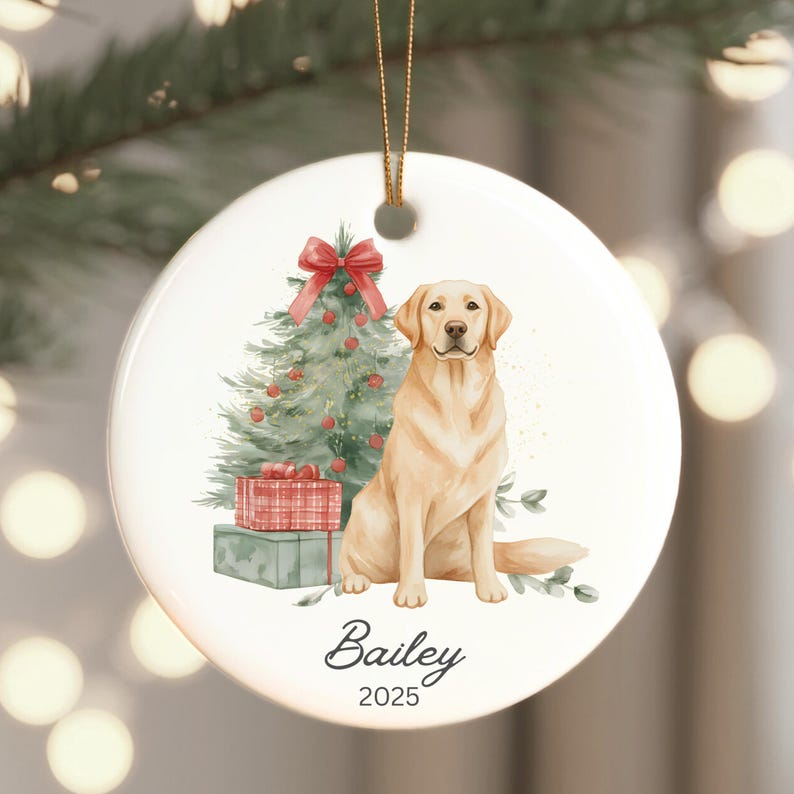 Personalized Yellow Labrador Christmas Ornament: Custom Name Labrador Retriever Christmas Keepsake, Vintage Style Watercolor Xmas Decor