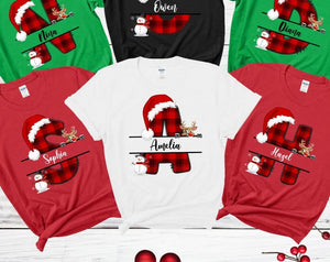 Custom Name Letter Christmas Shirt Personalized Red Plaid Christmas Custom Name Shirt Holiday Family Matching Tee