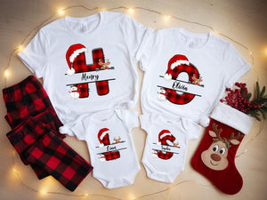 Custom Name Letter Christmas Shirt Personalized Red Plaid Christmas Custom Name Shirt Holiday Family Matching Tee