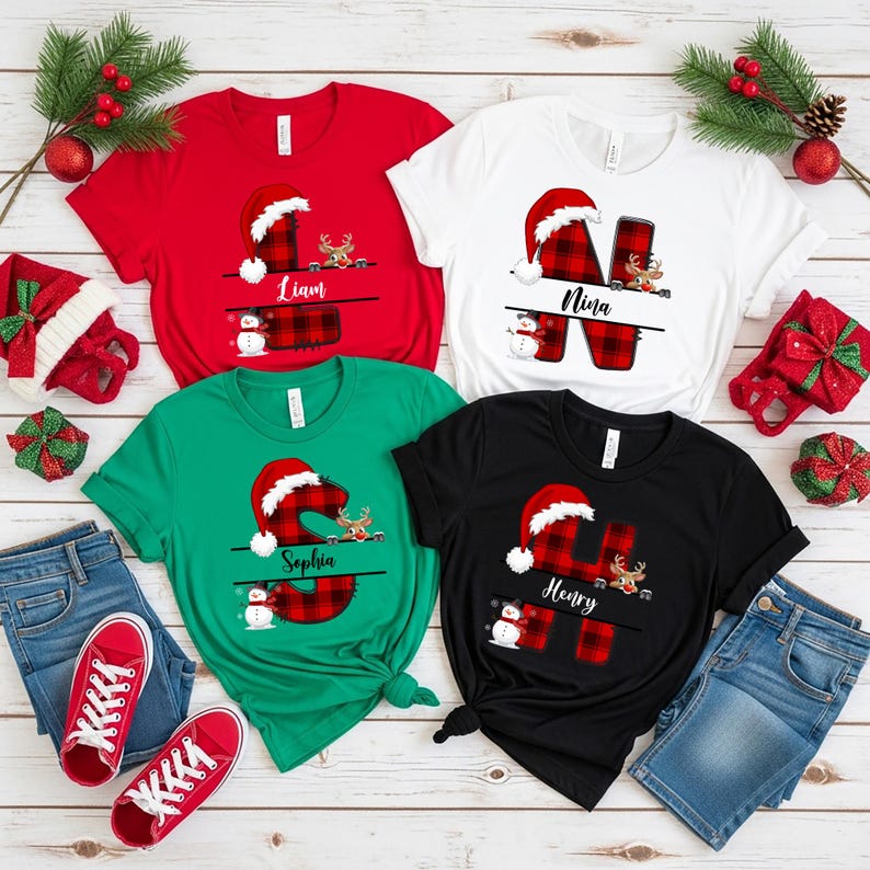 Custom Name Letter Christmas Shirt Personalized Red Plaid Christmas Custom Name Shirt Holiday Family Matching Tee