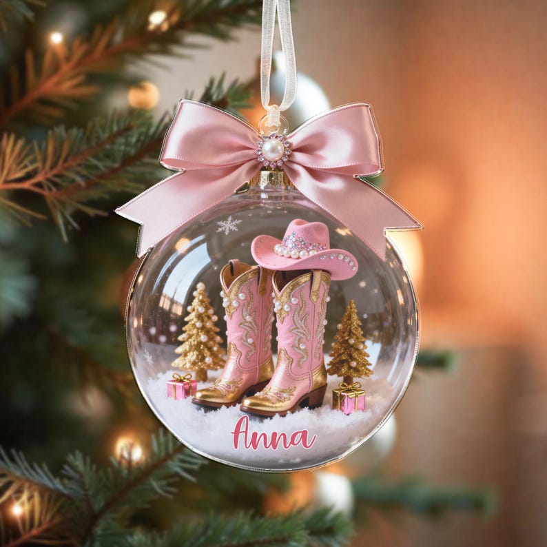 Pink Boot Christmas Ornament, Custom Name Cowboy Cowgirl Boots Ornament, Coquette Bow Hat Gift For Cowgirl, Horse Racing Ornament, Xmas Gift