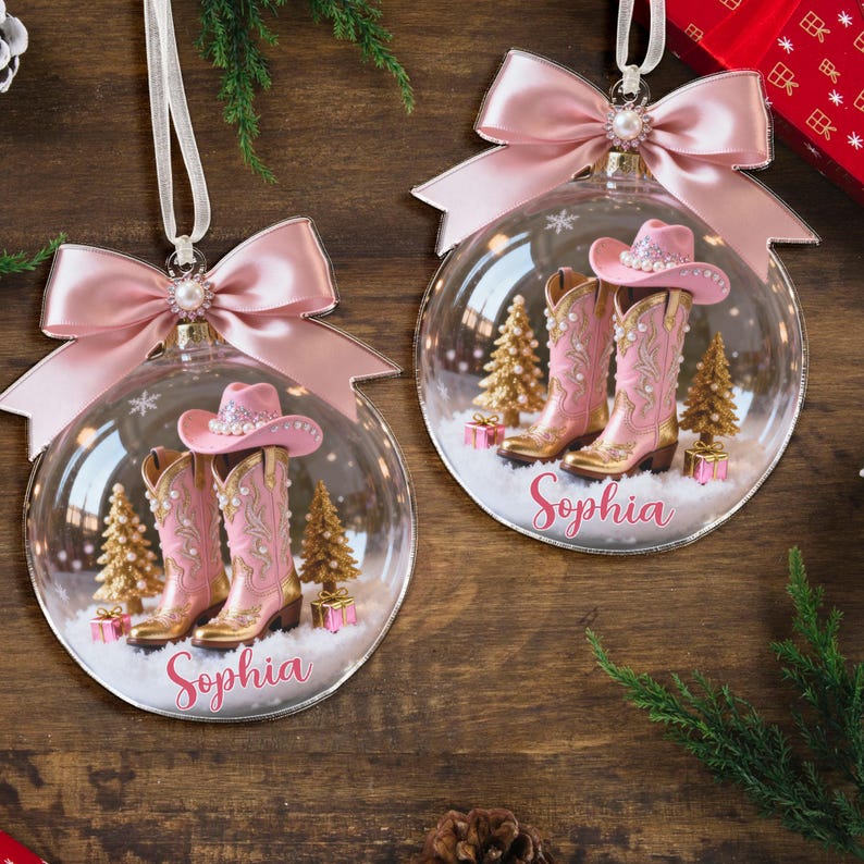 Pink Boot Christmas Ornament, Custom Name Cowboy Cowgirl Boots Ornament, Coquette Bow Hat Gift For Cowgirl, Horse Racing Ornament, Xmas Gift