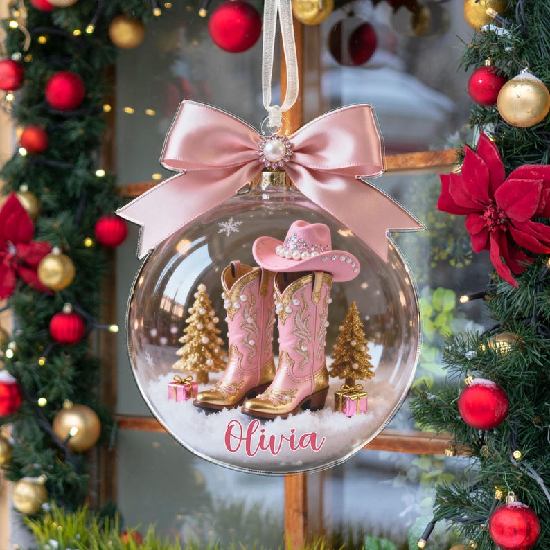 Pink Boot Christmas Ornament, Custom Name Cowboy Cowgirl Boots Ornament, Coquette Bow Hat Gift For Cowgirl, Horse Racing Ornament, Xmas Gift