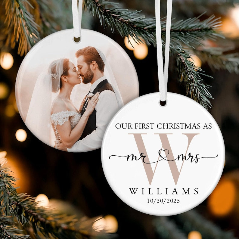 Personalized First Christmas Married Ornament, Custom Photo Couple Ornament, Our First Christmas As Mr & Mrs Ornament, Gift for Newlywed
