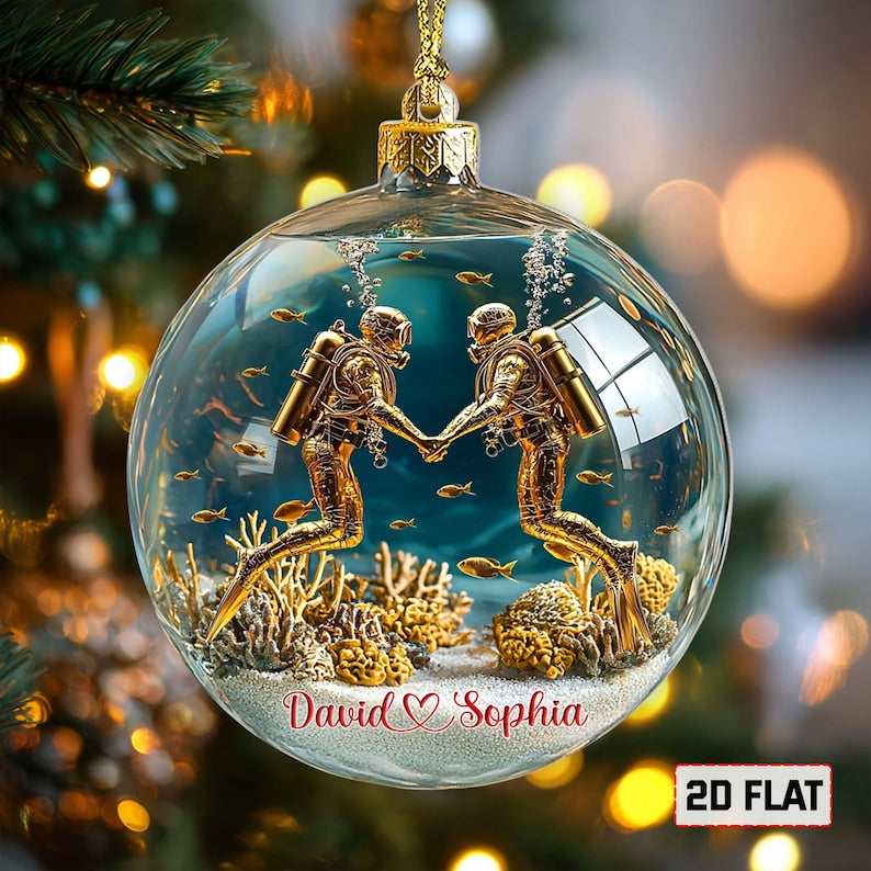 Custom 2D FLAT Scuba Diving Couples Ornament, Christmas Gift for Wife Husband, Christmas Tree Decor, Scuba Diver Ornament, Scuba Diver Gifts