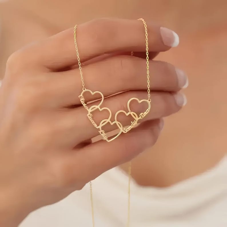 Personalized Heart Necklace,Gold Name Necklace,Multiple Name Necklace,Dainty Couple Necklace,Family Name Necklace,Gift for Her,Birthday Gift
