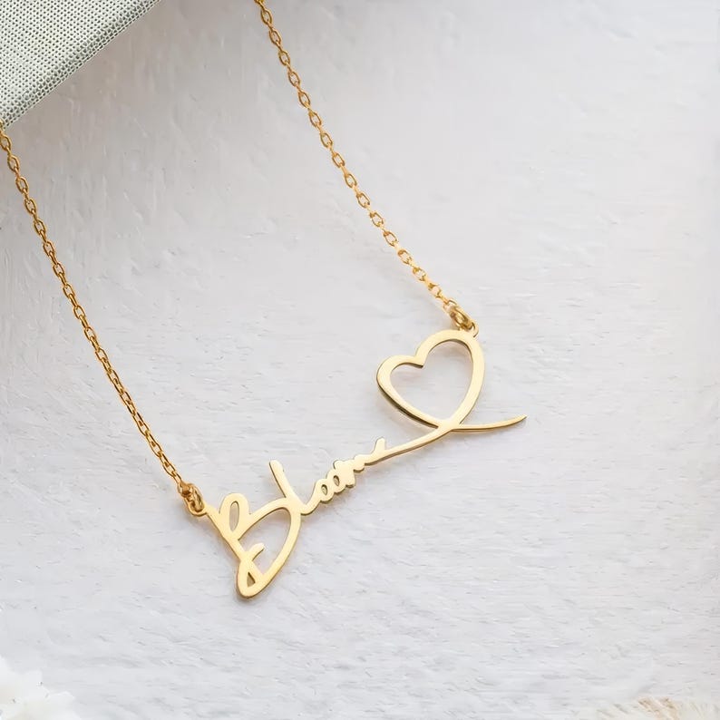 Personalized Handwriting Name Necklace: Sterling Silver Heart,Custom 14K Gold,Personalized Name Necklace With Heart Necklace,Gift For Her