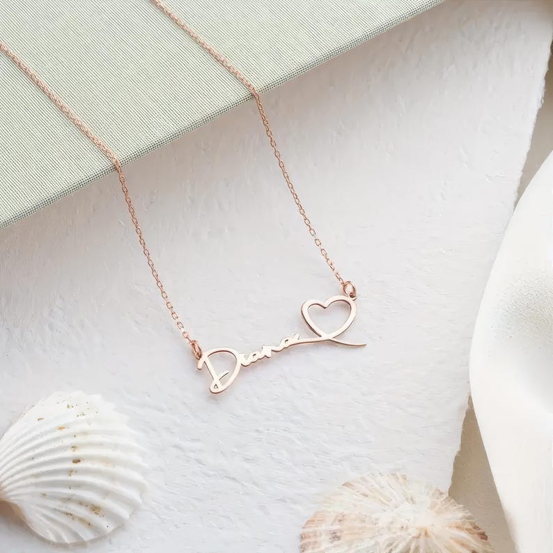 Personalized Handwriting Name Necklace: Sterling Silver Heart,Custom 14K Gold,Personalized Name Necklace With Heart Necklace,Gift For Her