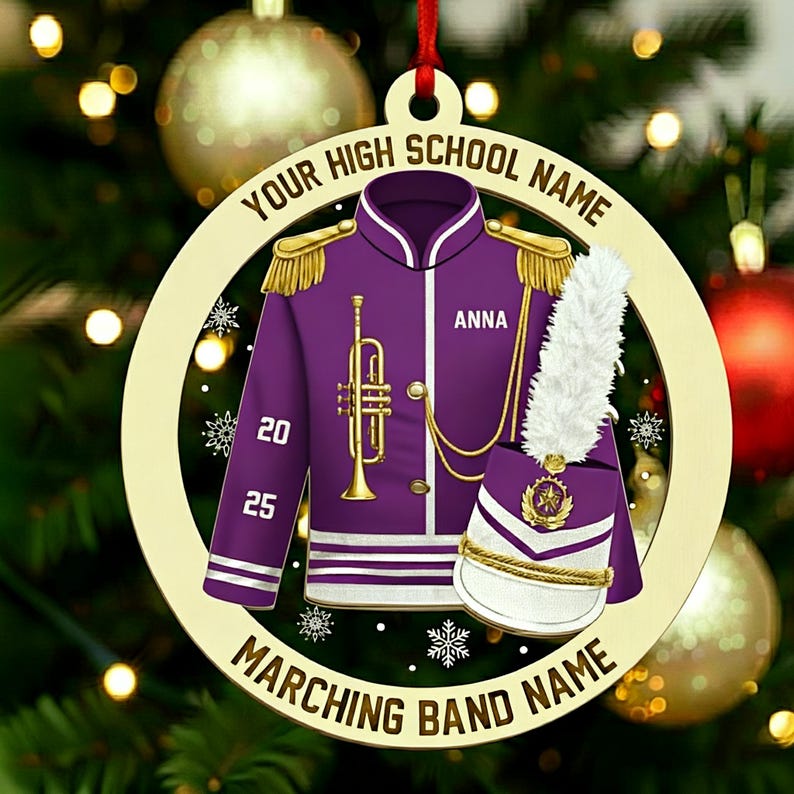 Custom Marching Band Trumpet Ornament, High School Band Uniform Music Team Instrument Christmas Gift