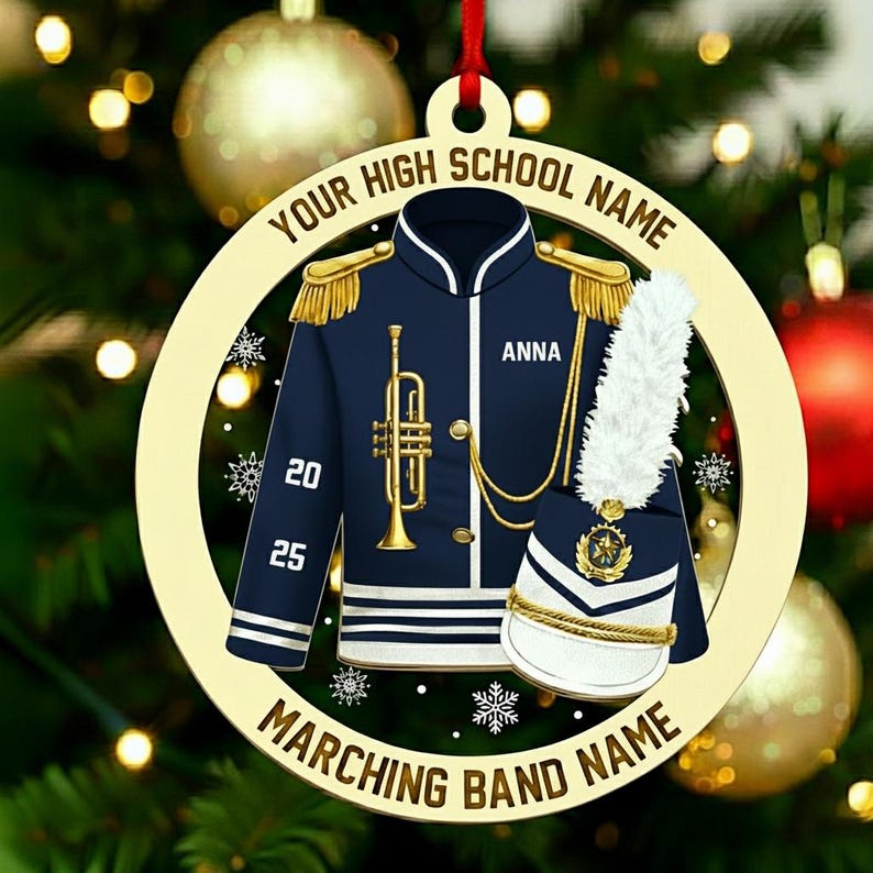 Custom Marching Band Trumpet Ornament, High School Band Uniform Music Team Instrument Christmas Gift