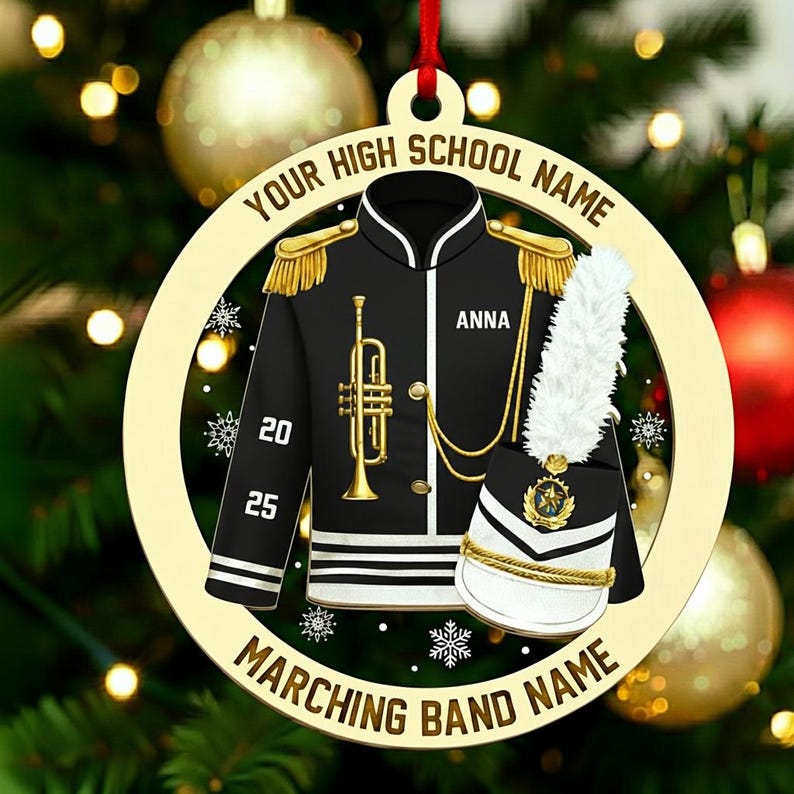 Custom Marching Band Trumpet Ornament, High School Band Uniform Music Team Instrument Christmas Gift