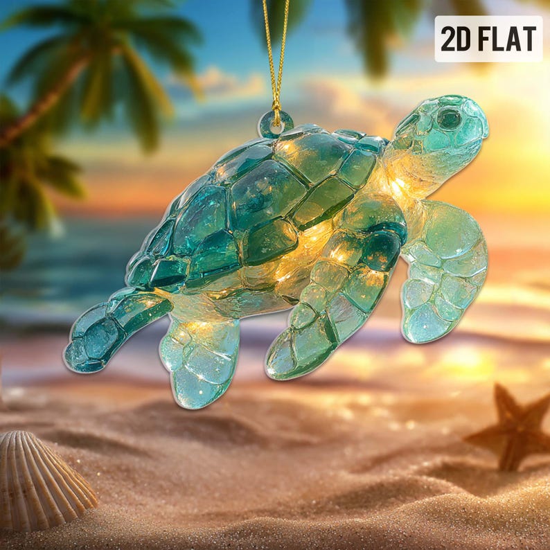 Sea Glass Ocean Ornament Set, Marineanimal 2D Flat Turtle Crab Shell Seahorse Christmas Decorations, Coastal Beach Decor, Sea Animal Christmas Decor