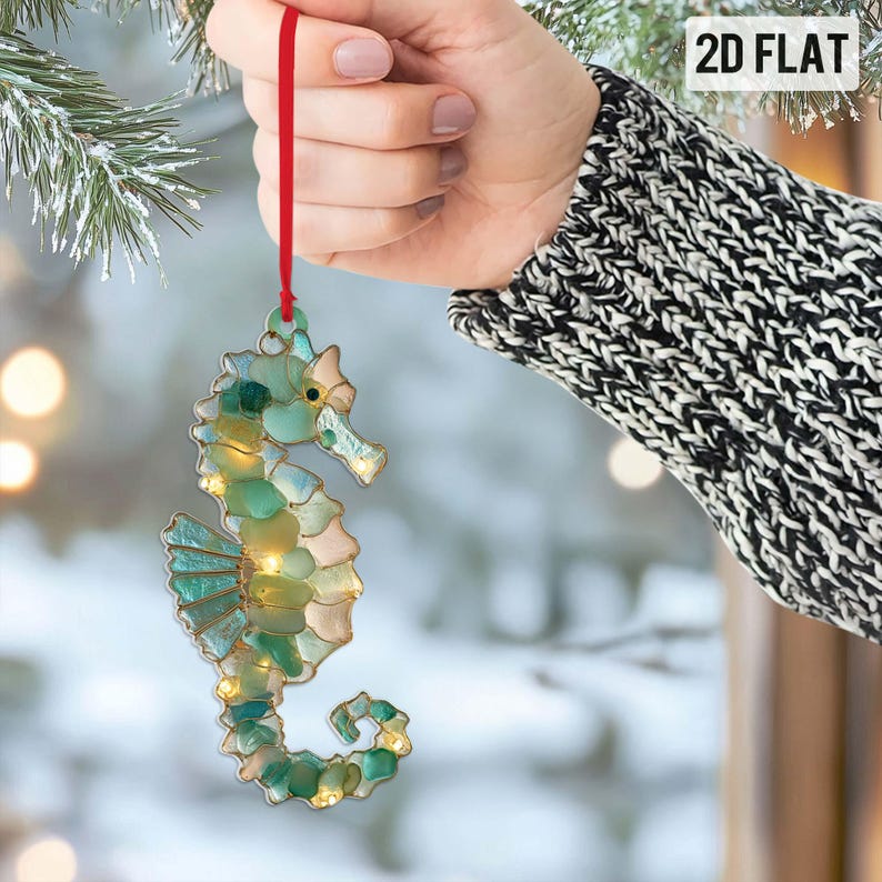 Sea Glass Ocean Ornament Set, Marineanimal 2D Flat Turtle Crab Shell Seahorse Christmas Decorations, Coastal Beach Decor, Sea Animal Christmas Decor