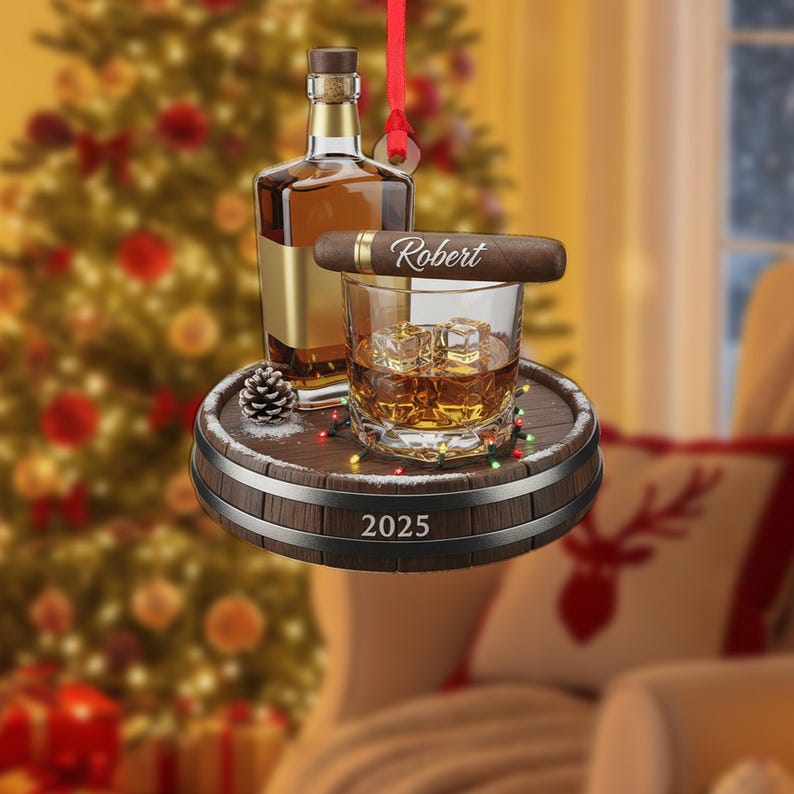 Personalized Whiskey and Cigar Ornament 2025 Custom Name Bourbon Glass Ornament Gentlemen Gift for Him Christmas Decor