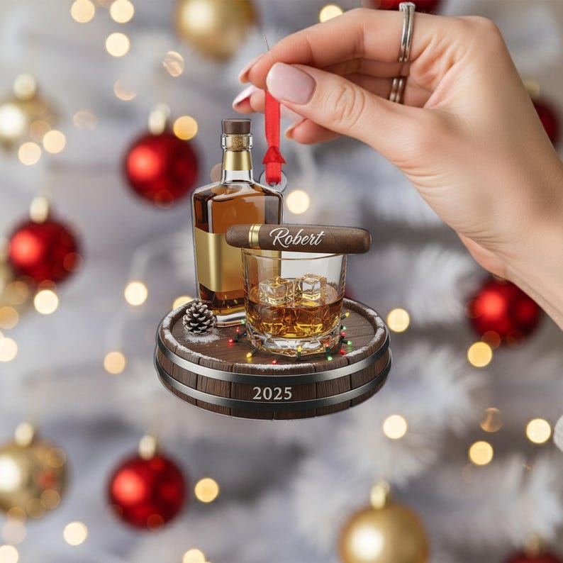 Personalized Whiskey and Cigar Ornament 2025 Custom Name Bourbon Glass Ornament Gentlemen Gift for Him Christmas Decor