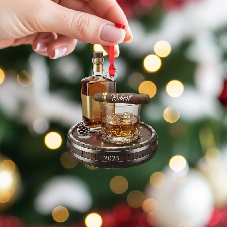 Personalized Whiskey and Cigar Ornament 2025 Custom Name Bourbon Glass Ornament Gentlemen Gift for Him Christmas Decor